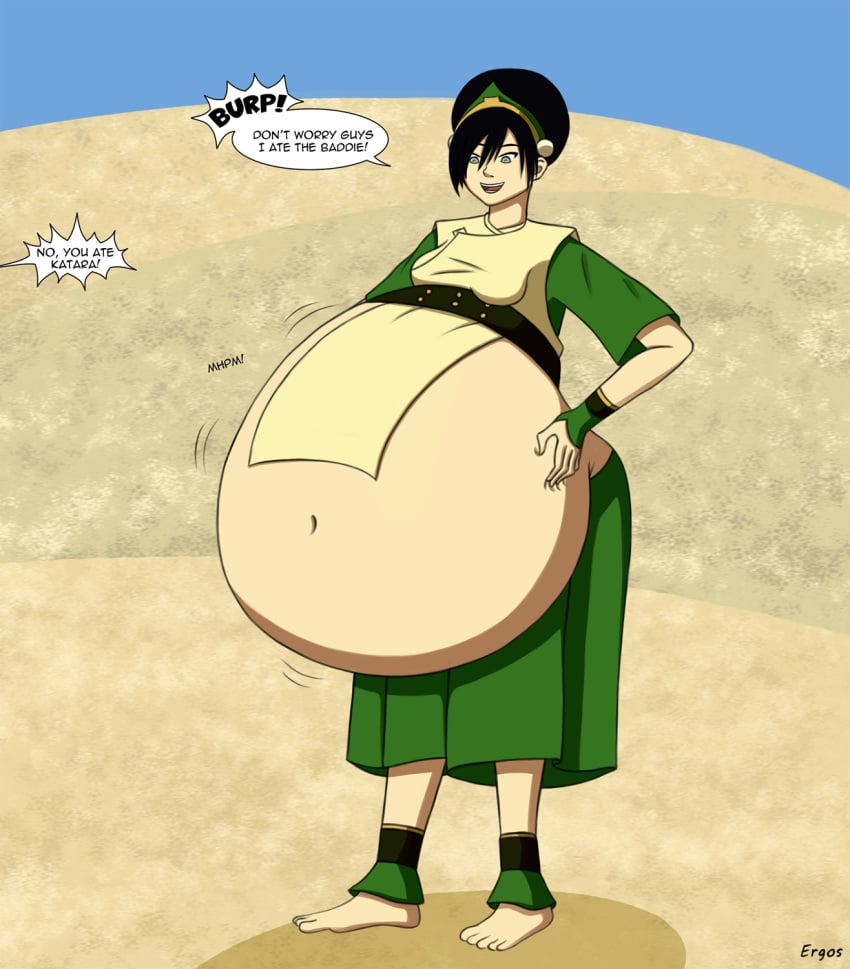 2girls accident accidental_vore avatar_the_last_airbender barefoot belly big_belly black_hair blind burp burping desert earthbender english english_text ergos exposed_belly female female_only female_pred female_prey happy katara looking_at_belly looking_down navel offscreen_character proud sand text toph_bei_fong unwilling_prey vore vore_belly willing_pred