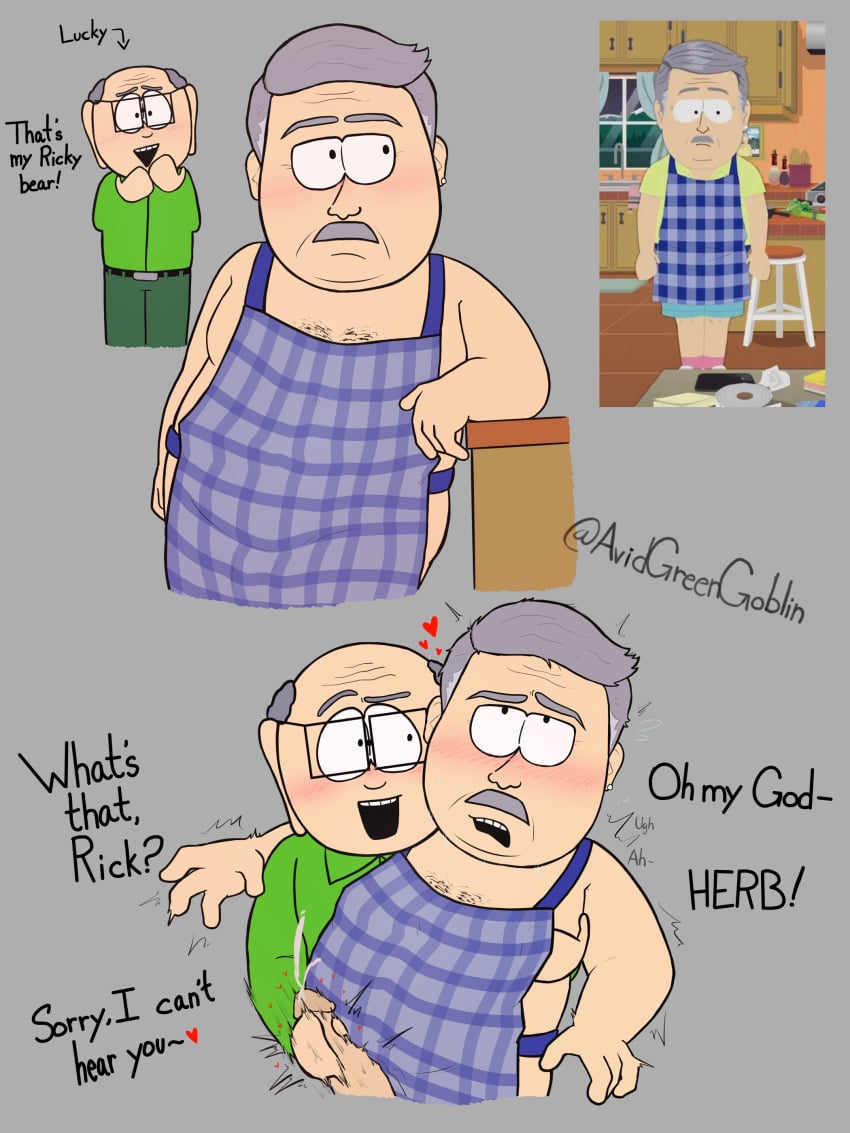 apron apron_only avidgreengoblin blue_apron blush blush clothed_male cum cumming gay handjob mr_garrison rick_(south_park) south_park sweat tagme text