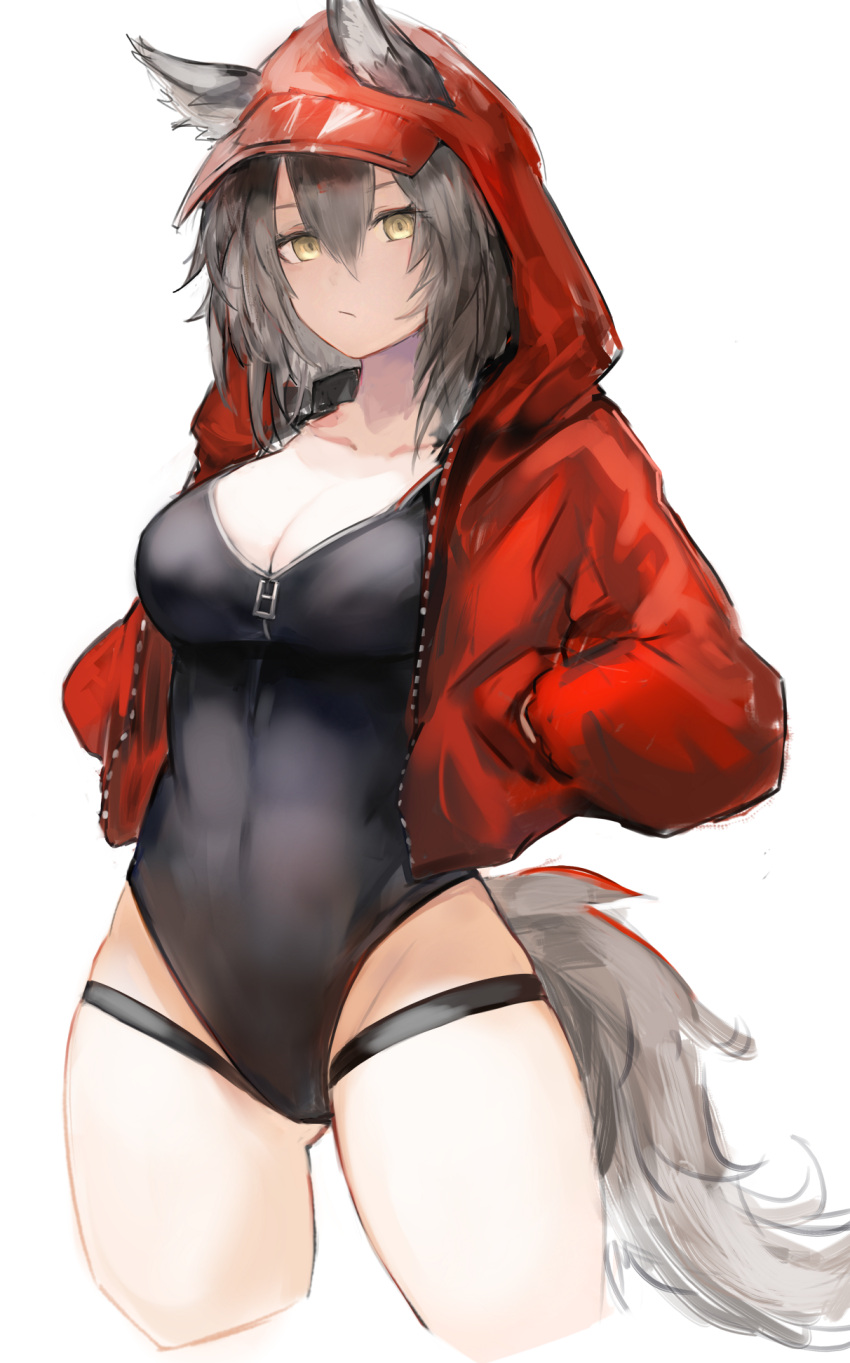 1girls 2023 animal_ear_fluff animal_ears arknights bra collarbone g-nai grey_hair hood jacket long_hair looking_at_viewer one-piece_swimsuit projekt_red_(arknights) simple_background solo standing swimsuit swimwear tail thick_thighs thighs wolf_ears wolf_girl wolf_tail yellow_eyes zipper