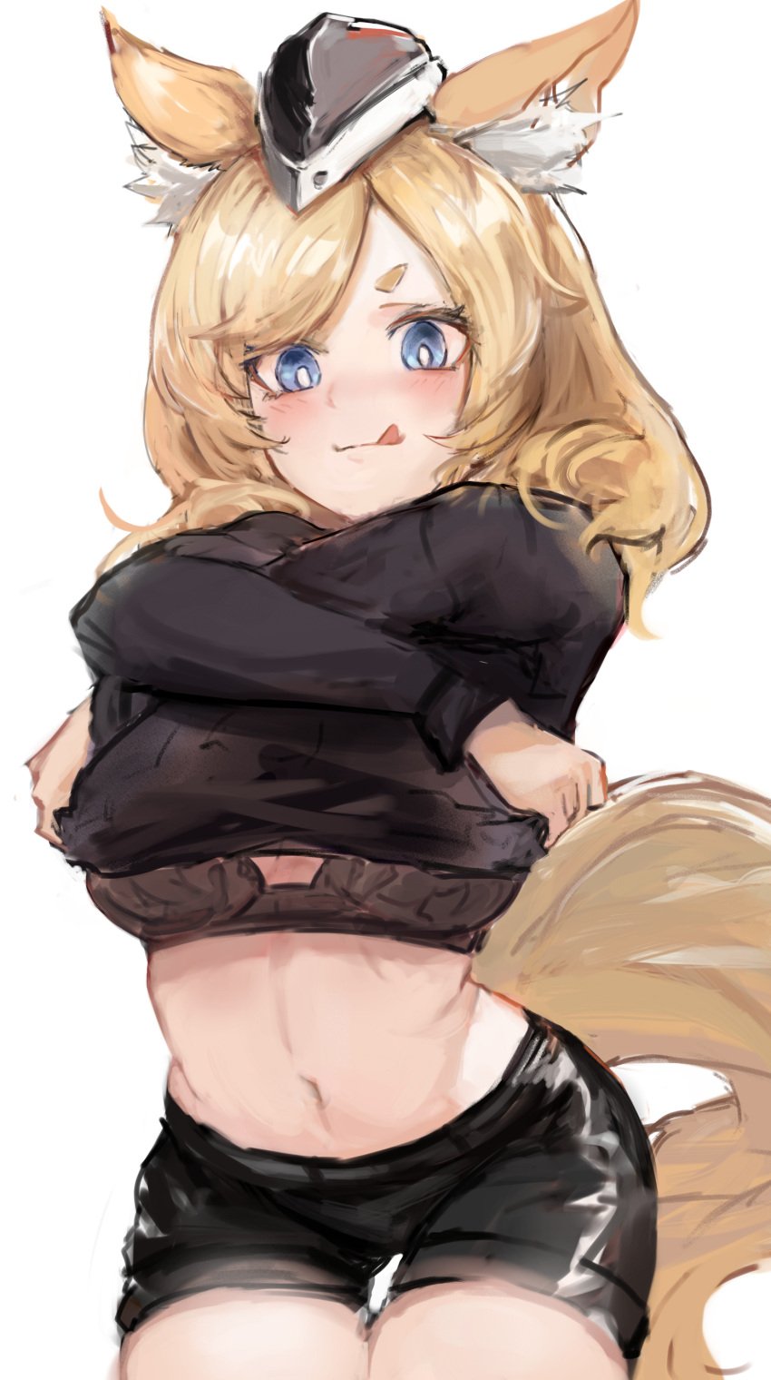 1girls 2023 animal_ear_fluff animal_ears arknights aunt bare_midriff belly belly_button blonde_hair blue_eyes bra breasts g-nai hat horse_ears horse_girl horse_tail licking_lips light-skinned_female light_skin looking_at_viewer midriff shirt shirt_lift simple_background solo standing tail thighhighs tongue tongue_out underwear undressing whislash_(arknights)