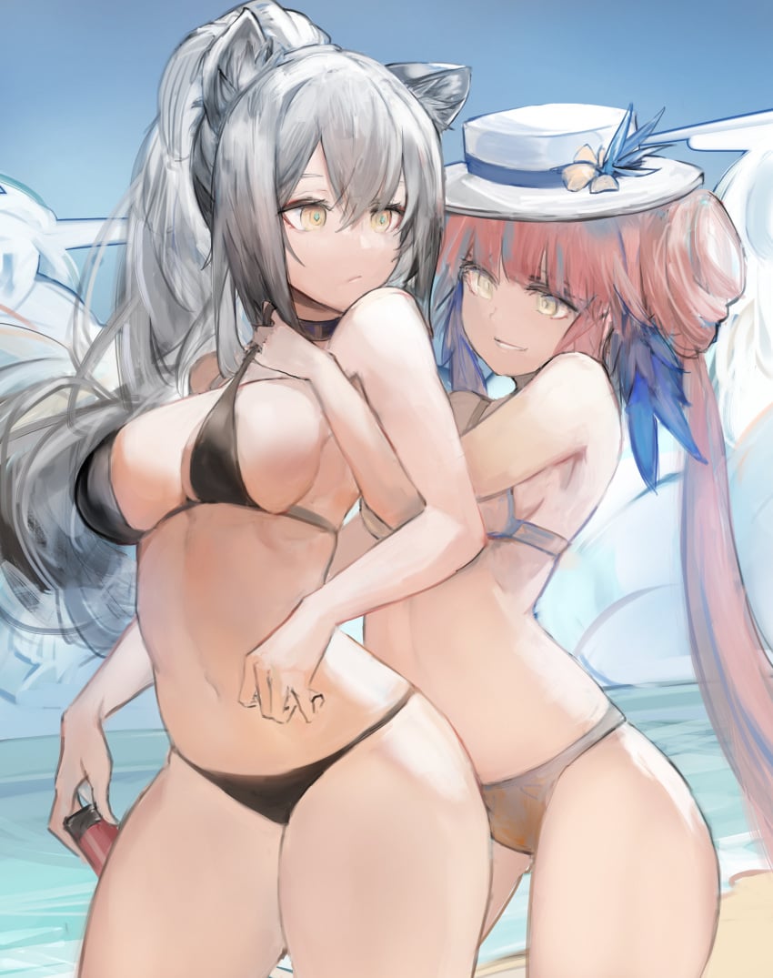 2girls arknights bare_arms bare_legs bare_midriff bare_shoulders bare_thighs beach belly bikini black_panties bra breasts cat_ears catgirl ceylon_(arknights) female female_only g-nai hair_between_eyes half_naked large_breasts long_hair midriff pink_hair schwarz_(arknights) smile standing swimsuit swimwear thick_thighs thighs yellow_eyes yuri