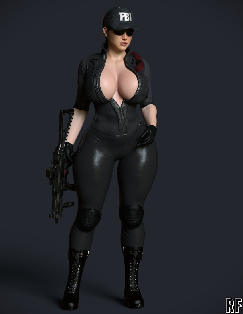 1girls 3d ash_(rainbow_six) breasts cleavage female female_only firearm gun large_breasts rainbow_six_siege red_hair rude_frog solo submachine_gun sunglasses thighs tinted_eyewear weapon wide_hips