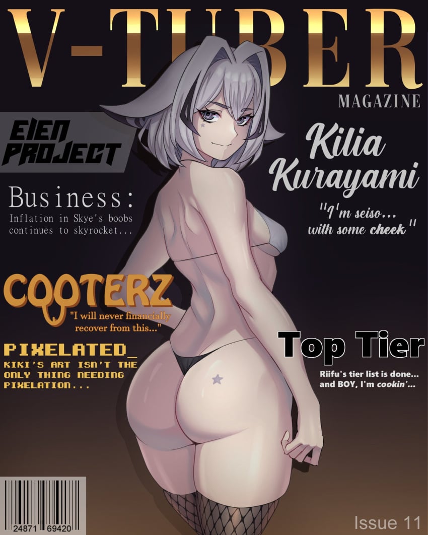 1girls ass ass_tattoo black_hair black_panties bra cooterzi eien_project english_text eyebrows_visible_through_hair fake_magazine_cover female female_only grey_eyes grey_hair kilia_kurayami light-skinned_female light_skin looking_at_viewer looking_back magazine_cover multicolored_hair panties small_breasts smile solo star_tattoo tattoo text underwear virtual_youtuber white_bra