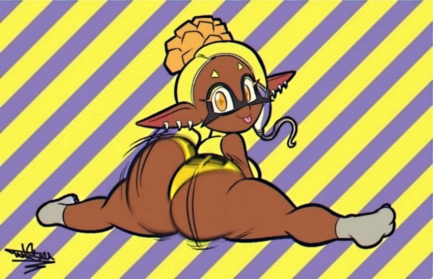 1girls ass ass_shake big_ass bouncing_ass bubble_butt clothing crop_top dark-skinned_female dark_skin dat_ass ear_piercing eyelashes fat_ass female female_only frye_(splatoon) huge_ass inkling large_ass legs long_ears looking_at_viewer looking_back motion_blur motion_lines orange_eyes piercing shorts shortstack smile smiling socks solo splatoon splatoon_3 splits stripes tansau thick_ass thick_thighs throwing_it_back tongue tongue_out twerking wide_hips yellow_hair