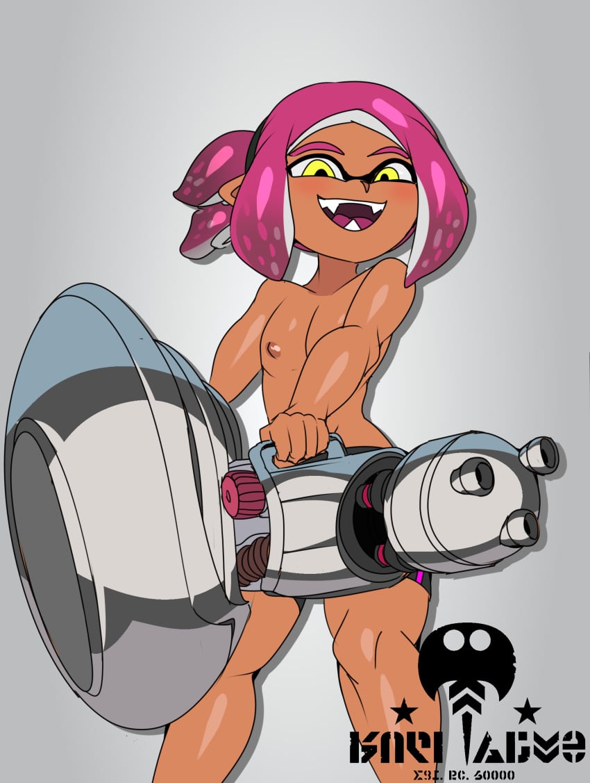 advertising captain_kirb edit gun holding_weapon inkling inkling_boy male male_only minigun modeling pin-up pink_hair pistol_(oc) posing shirtless shirtless_(male) shorts smile splatoon tan_body yellow_eyes