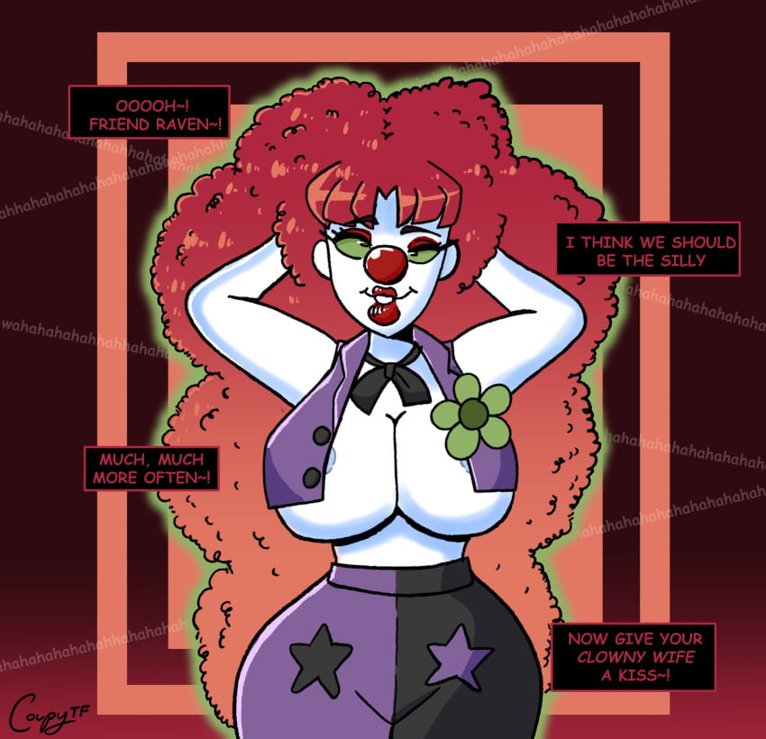 clown clown_girl clown_makeup clown_nose clownification coupytf dc english_text hair_growth huge_ass huge_breasts open_clothes signature skin_color_change starfire teen_titans text thick_thighs wide_hips