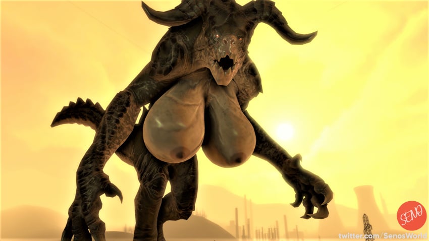 anthro anthro_focus anthro_only anthrofied areola areolae breasts breasts_bigger_than_head breasts_out busty claws deathclaw fallout fallout_4 female female_deathclaw female_focus female_only hi_res high_resolution highres horns huge_breasts large_ass larger_anthro larger_female looking_at_viewer nipples scalie sfm sfmseno sharp_teeth video_game video_game_character video_games