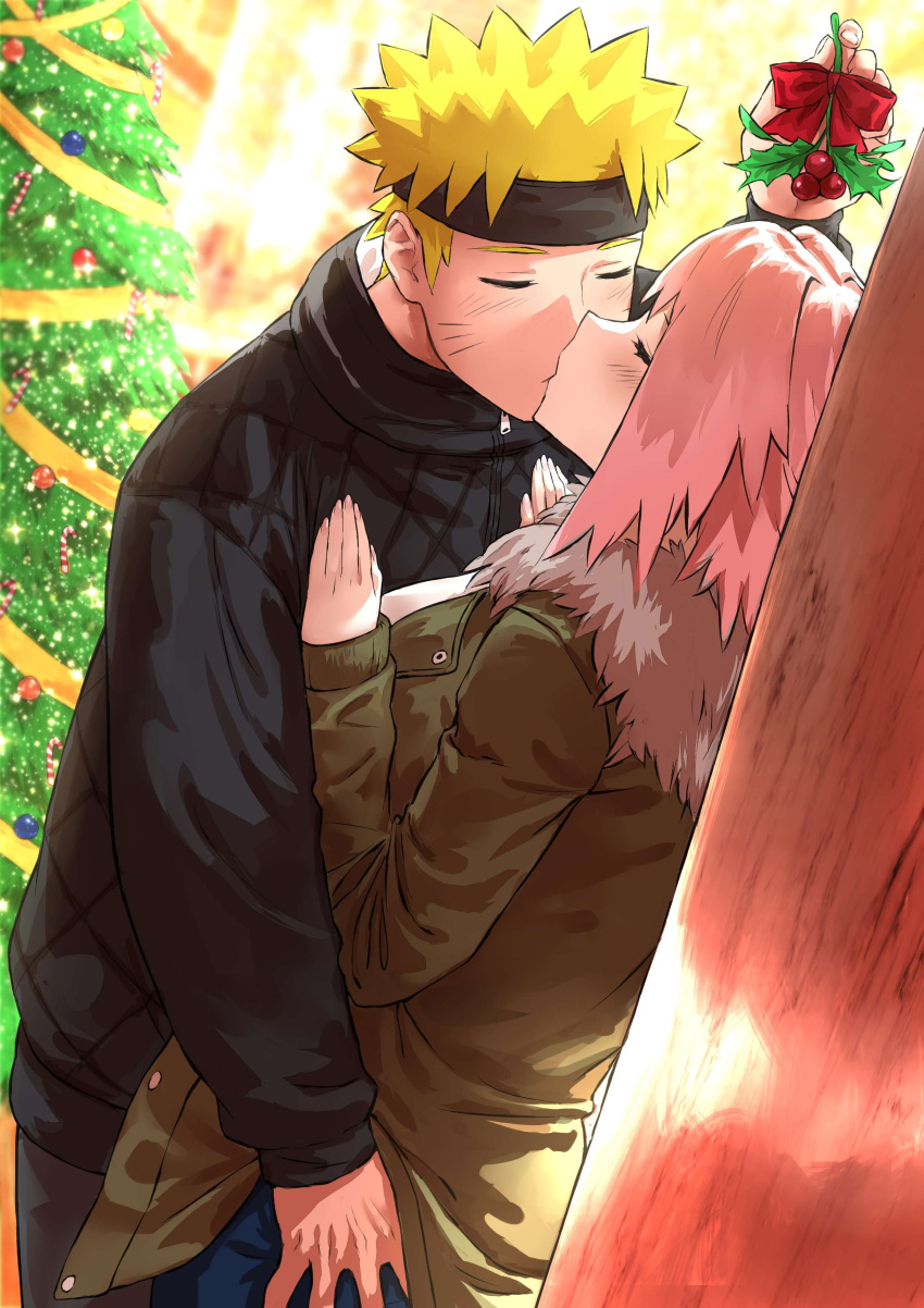 1boy 1boy1girl 1girls ass ass_focus ass_grab ass_squeeze blonde_hair blue_jeans bob_cut christmas christmas_tree closed_eyes clothed clothing coat detailed_background embrace facial_markings female festive fully_clothed grope groping groping_ass hand_on_ass hand_on_butt haraya headband hi_res high_resolution highres holidays jacket jeans kissing light-skinned_female light-skinned_male light_skin male male/female medium_hair mistletoe naruto naruto_(series) naruto_shippuden pale-skinned_female pale-skinned_male pale_skin pink_hair romantic romantic_ambiance sakura_haruno shoulder_length_hair shounen_jump spiky_hair squeezing squeezing_butt straight uzumaki_naruto whisker_markings whiskers yellow_hair