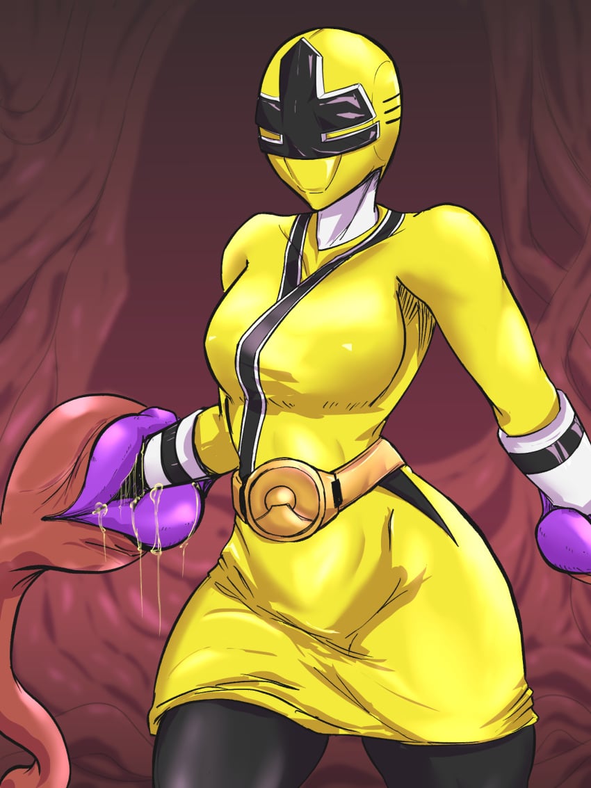 breasts female helmet power_rangers power_rangers_samurai pre-transformation restrained t-syun thighs transformation yellow_ranger