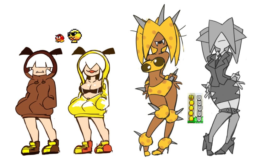 bikini bikini_top business_suit fall_galoomba galoomba goomba_girl grey_hair high_heels hoodie mario_(series) medium_breasts minus8 pokey_(mario) pokey_girl smaller_female super_mario_world tagme taller_girl white_hair yellow_hair