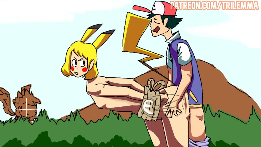 1boy 1girls angry background blonde_hair blush cum cum_inside drooling from_behind humanized humanized_pokemon outside penetration pikachu pokemon rape rule_63 satoshi_(pokemon) smile tail tied_hands tied_up trilemma vaginal_penetration