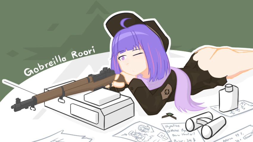 ass copyright_name female gabriella_roori purple_hair ryu_jou ryujou sniper soldier solo_female tagme