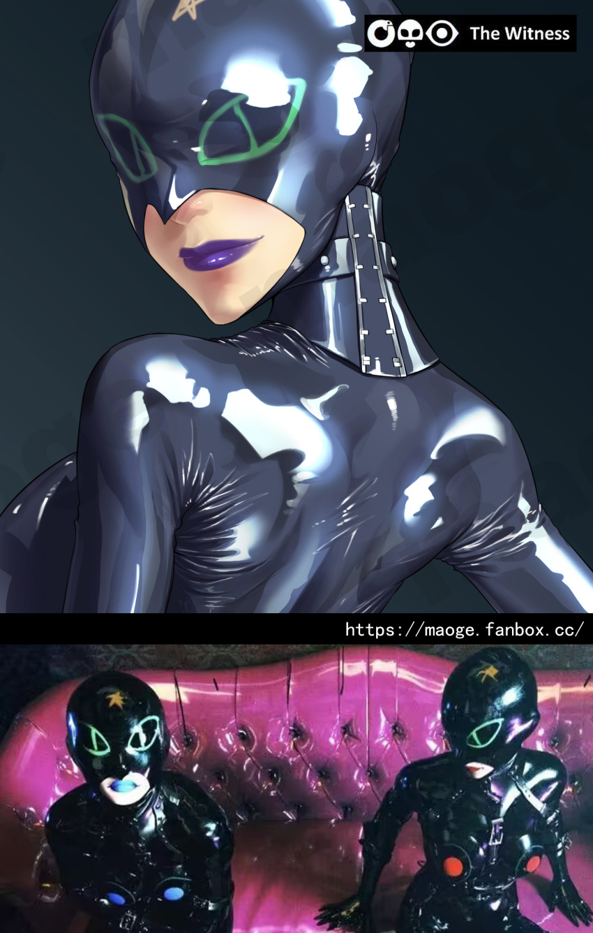 back_view blue_lipstick latex latex_suit love_death_+_robots purple_lipstick red_lipstick simple_background the_witness