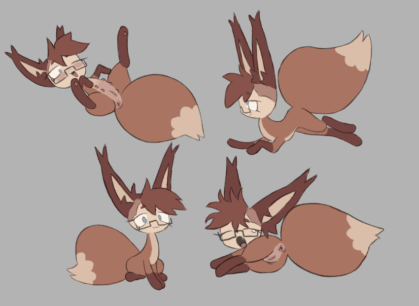 anus brown_body brown_fur brown_hair canid canine closed_eyes eyewear female feral fox fur genitals glasses hair hi_res humanoid humanoid_face labbit1337 mammal nipples open_mouth pussy solo tail yawn