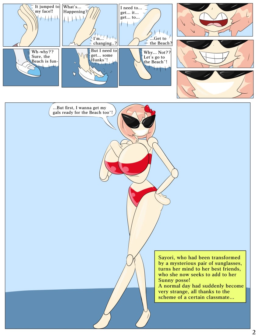 ass_expansion bikini breast_expansion comic doki_doki_literature_club doll doll_joints dollification english_text female knick_knack midriff page_2 post_transformation protoybonnie sayori_(doki_doki_literature_club) sunglasses sunnification text thigh_expansion