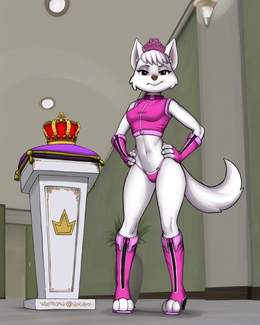 2023 3_fingers 3_toes 4:5 absurd_res aged_up anthro anthro_only anthrofied breasts canid canine canis cleavage clothed clothing collar crown detailed_background diacordst domestic_dog feet female fingers form_fitting fur headgear hi_res hunting_dog looking_at_viewer mammal paw_patrol pink_clothing pink_eyes solo sweetie_(paw_patrol) terrier tiara tight_clothing toes underwear west_highland_white_terrier white_body white_fur