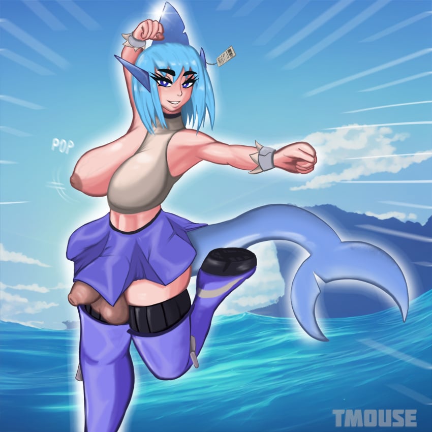 1futa areolae balls big_balls big_breasts big_penis blue_hair bottomless breasts clothed clothing dancing dickgirl flaccid futa_only futanari human light-skinned_futanari light_skin long_foreskin mostly_clothed nipples one_breast_out penis self_upload shark_girl shark_tail skirt solo standing thighhighs tmouse uncut unretracted_foreskin