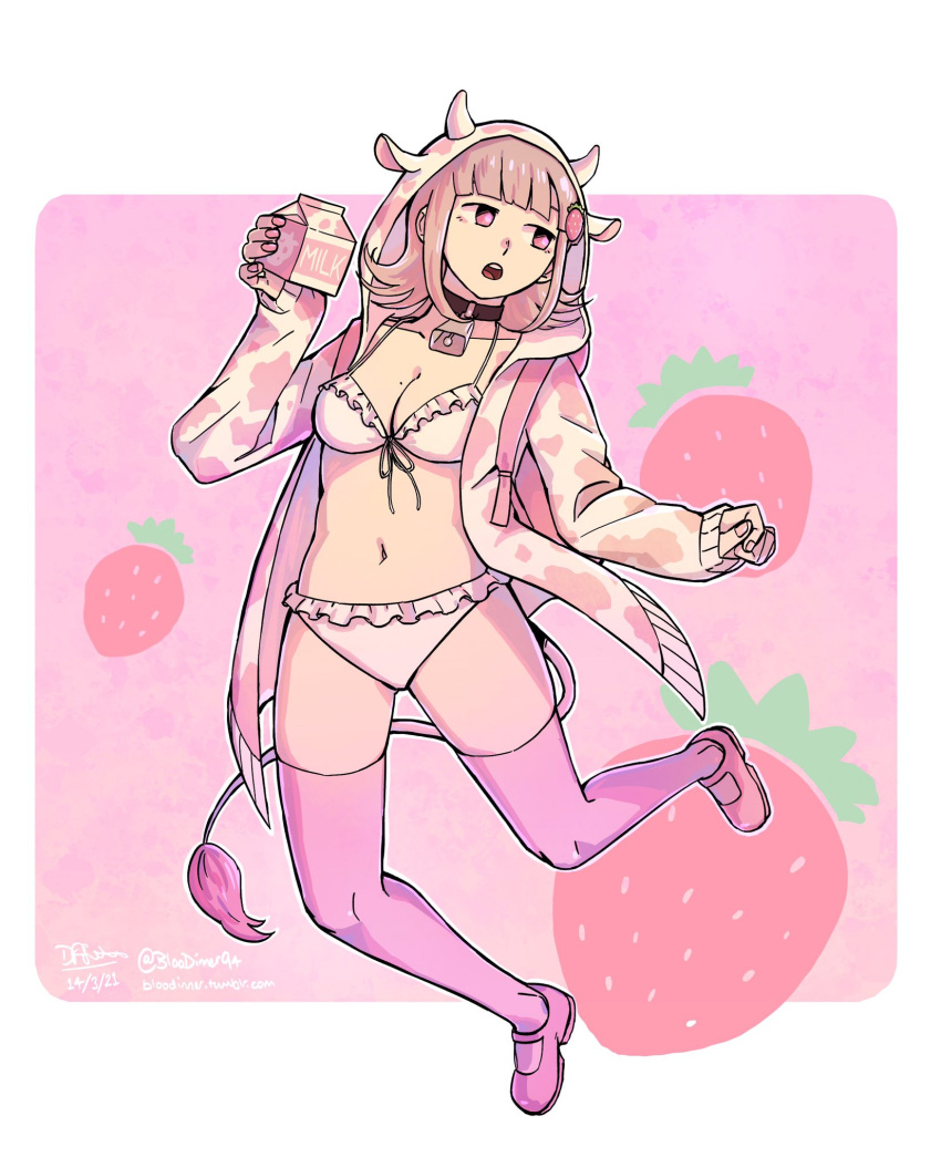 1girls backpack bell bell_choker bikini breasts choker cow_jacket cow_print cowbell danganronpa danganronpa_2:_goodbye_despair female_only holding_carton jacket medium_breasts midriff milk milk_carton mole mole_on_breast nanami_chiaki navel open_jacket pink_eyes pink_hair short_hair straight_hair swimsuit thighhighs white_bikini white_swimsuit zetsubodan_(bloodinner94)