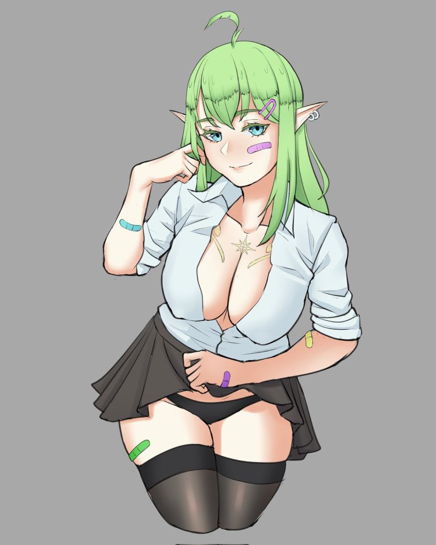 1girls bandaids black_panties blue_eyes cleavage clothed clothing cooterzi ear_piercings eien_project elf female female_only green_hair light-skinned_female light_skin panties pointy_ears riifu_evergreen skirt skirt_lift solo virtual_youtuber