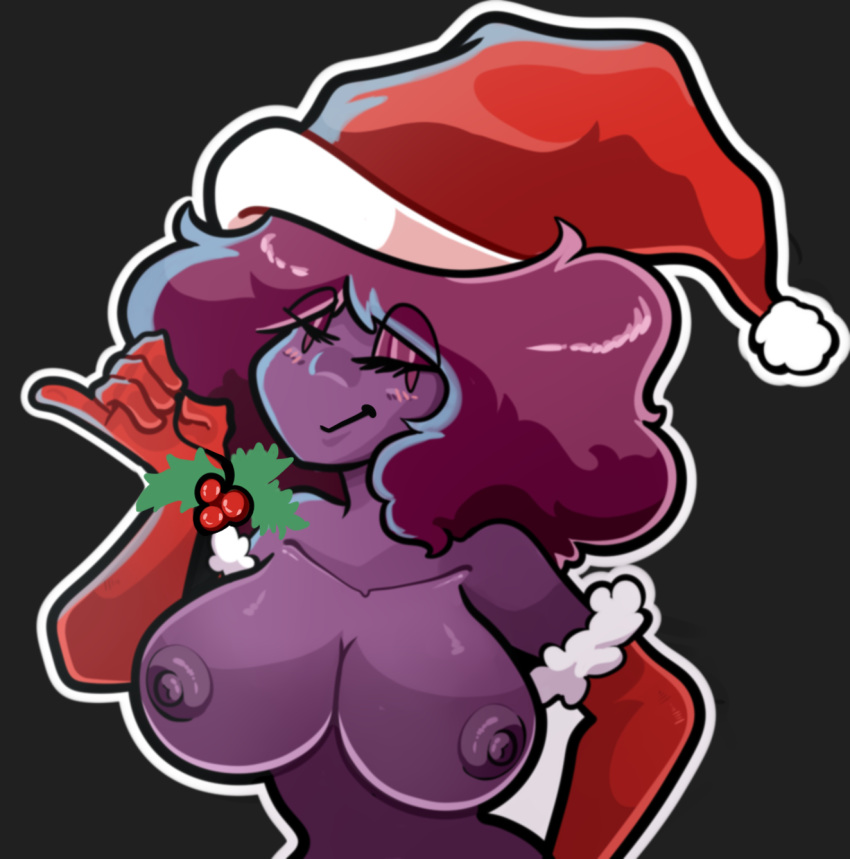 anthro blush breasts christmas christmas_clothing christmas_headwear clothing digital_media_(artwork) female fingers generation_4_pokemon ghost hair hat headgear headwear hi_res holidays kiss_the_carrot looking_at_viewer malpo_(carrot_kiss) mismagius nintendo nipples nude pokemon pokemon_(species) santa_hat shaded simple_background smile solo spirit