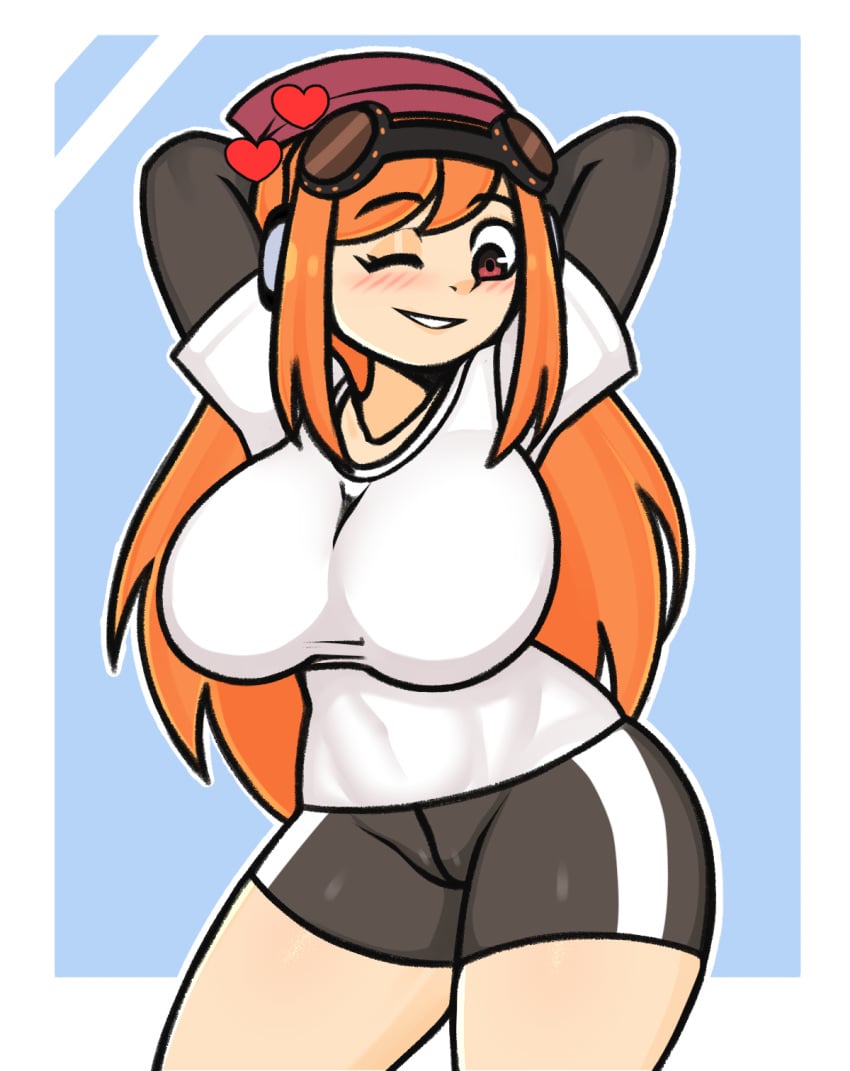 1girls beanie big_breasts black_shirt breasts female female_only goggles goggles_on_head human_meggy long_hair long_sleeves meggy_spletzer orange_hair pov request short_sleeves shorts smg4 steca thelazyart thick thick_ass thick_legs thighs white_shirt youtuber