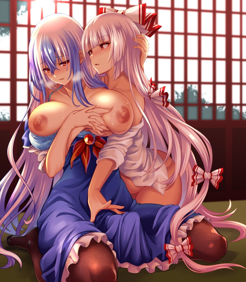 1futa 1girls 2d 2d_(artwork) absurdres areolae bangs bare_shoulders big_breasts blue_bra blue_dress blue_hair blunt_bangs blush blushing bottomless bow bra breast_grab breasts breath brown_eyes brown_legwear bulge clothed clothing collarbone dickgirl dress duo erection erection_under_clothes exposed_breasts female fujiwara_no_mokou futa_on_female futa_with_female futanari grabbing groping groping_breasts hair_between_eyes hairbow highres hijikawa_arashi holding_breast holding_head human implied_futanari indoors keine_kamishirasawa large_breasts light-skinned_female light-skinned_futanari light_skin long_hair looking_at_another looking_at_partner looking_at_viewer mostly_clothed multicolored_hair multiple_girls naked_shirt nipples no_panties no_pants no_shoes off_shoulder pantyhose parted_lips penis petticoat pinafore_dress red_eyes shirt silver_hair sitting slight_blush steam steamy steamy_breath streaked_hair sweat sweatdrop sweating touching_penis touhou underwear very_long_hair wariza white_bow white_shirt