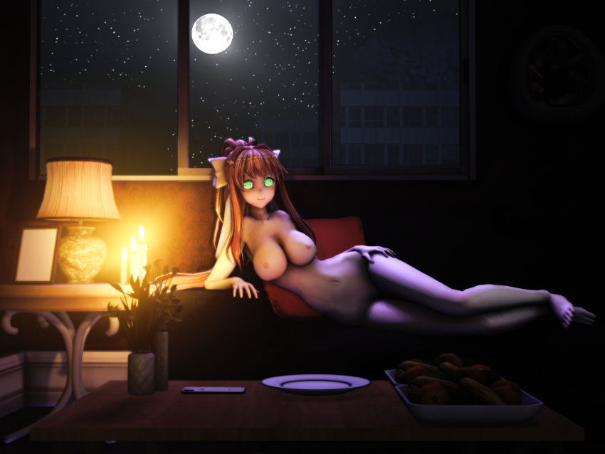 1girls 3d barefoot big_breasts breasts brown_hair candle candles completely_nude completely_nude_female dark_lighting doki_doki_literature_club female female_only full_body full_moon green_eyes indoors lit_candle lit_candles long_hair looking_at_viewer low-key_lighting monika_(doki_doki_literature_club) moon moonlight naked naked_female nude nude_female on_side sam_(pixiv_artist) smile solo solo_female white_ribbon