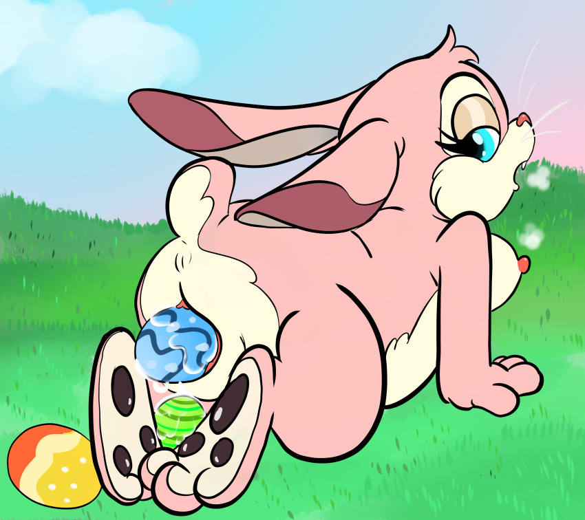 1girls absurd_res anthro anthro_only anus ass blue_eyes breasts easter easter_bunny egg egg_from_pussy egg_laying female female_only fluffy gaping gaping_pussy genitals grass hi_res hindpaw holidays kinxybunny lagomorph leporid lying mammal nipples paws pink_body plant pussy rabbit rabbit_ears rear_view scut_tail short_tail solo tail whiskers