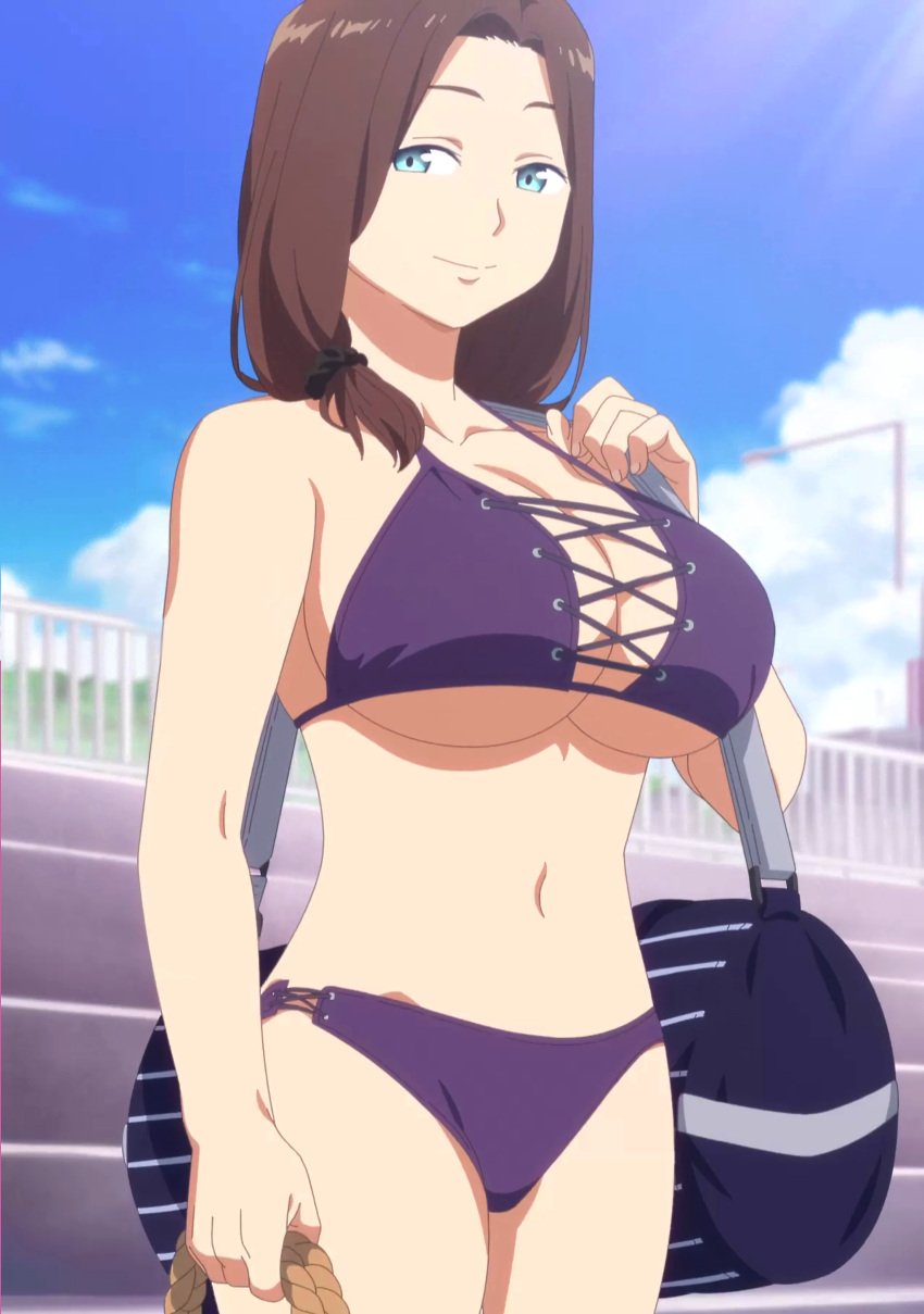 1girls ai-chan's_mother_(tawawa) anime_screencap bag bangs bikini blue_eyes breasts brown_eyebrows brown_hair clothing cross-laced_bikini curtained_hair day eyebrows female female_only fully_clothed getsuyoubi_no_tawawa high_resolution large_breasts light_blue_eyes mature mature_female mature_woman medium_hair mother navel nude_filter_request outdoors parted_bangs purple_bikini purple_swimsuit screen_capture screenshot shoulder_bag smile solo stitched swimsuit very_high_resolution voluptuous voluptuous_female