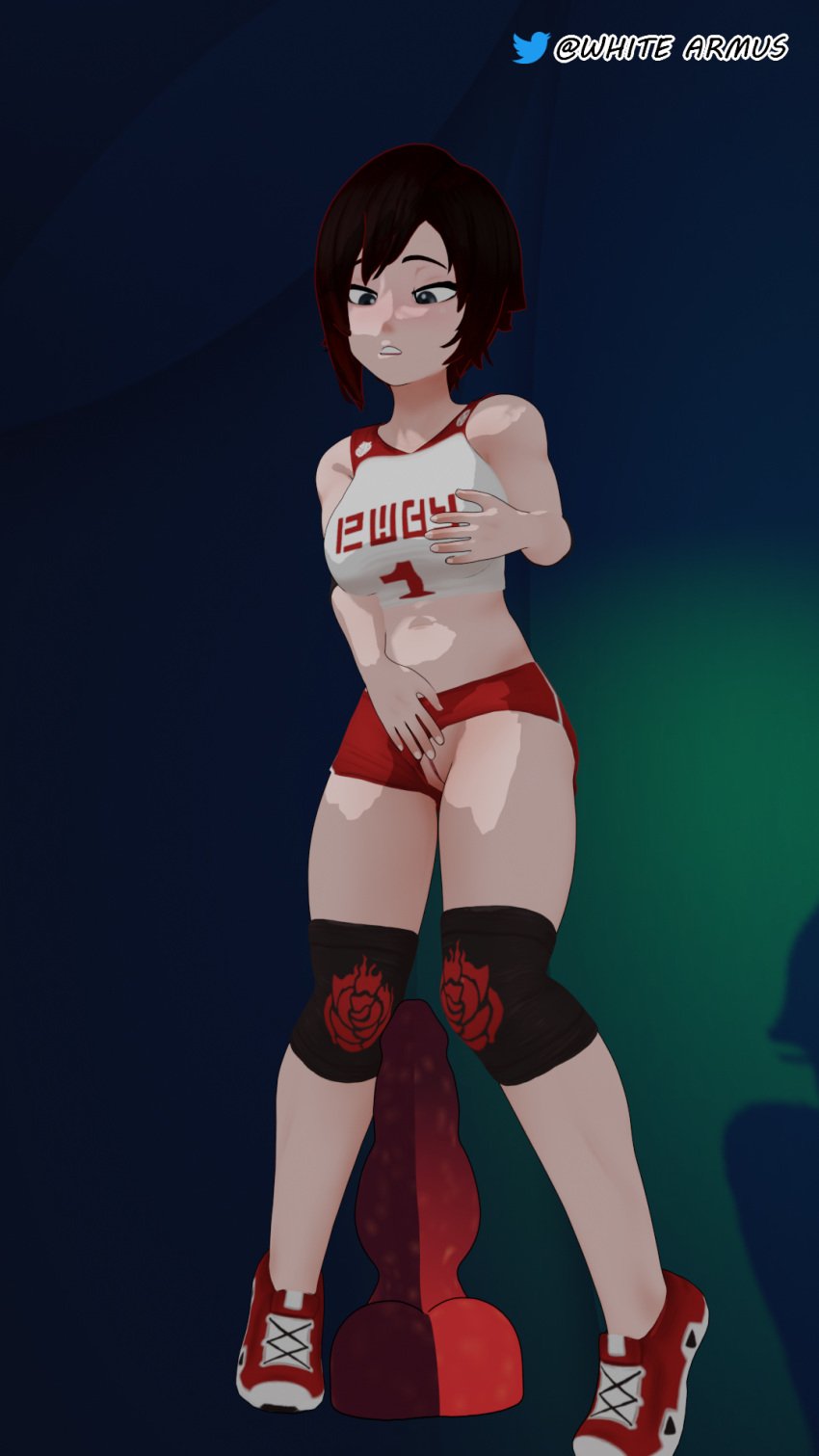 3d dildo pulling_clothing ruby_rose rwby solo solo_female solo_focus white_armus