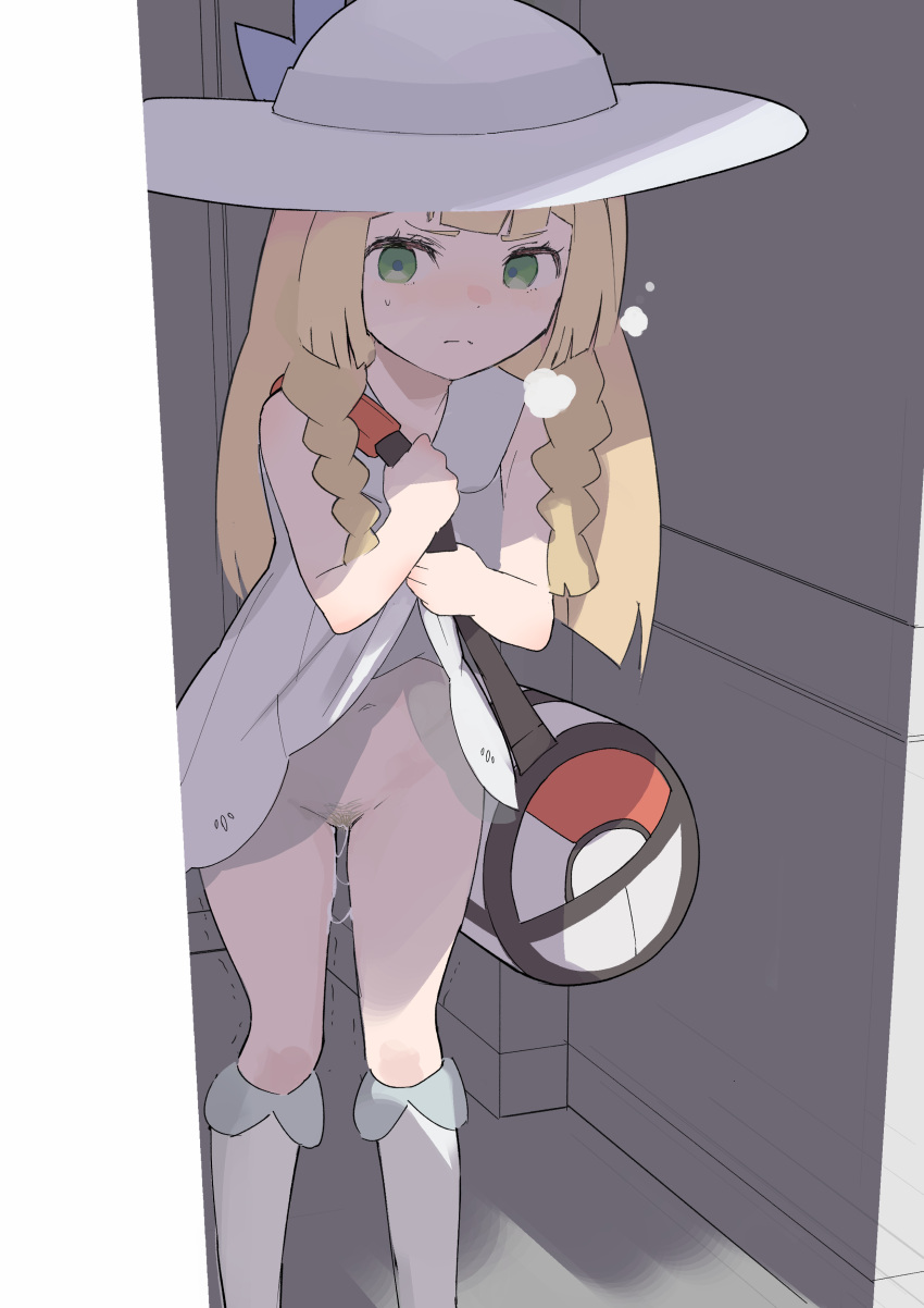 1girls accidental_exposure blonde_hair blonde_pubic_hair blush bottomless dress dress_lift female female_only green_eyes hat heavy_breathing legs light-skinned_female light_skin lillie_(pokemon) nervous pokemon pokemon_sm pubic_hair pussy pussy_juice pussy_juice_drip samidareura shoes solo teenager thighs unaware wardrobe_malfunction