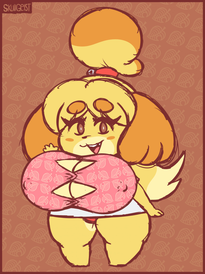 1girls animal_crossing blonde_hair brown_eyes canine canine_humanoid cleavage fat female female_focus female_only hips isabelle_(animal_crossing) large_breasts nintendo nipple_bulge panties polo_shirt shortstack skirt skullgeist thick_thighs thighs underwear wave waving wide_hips yellow_fur