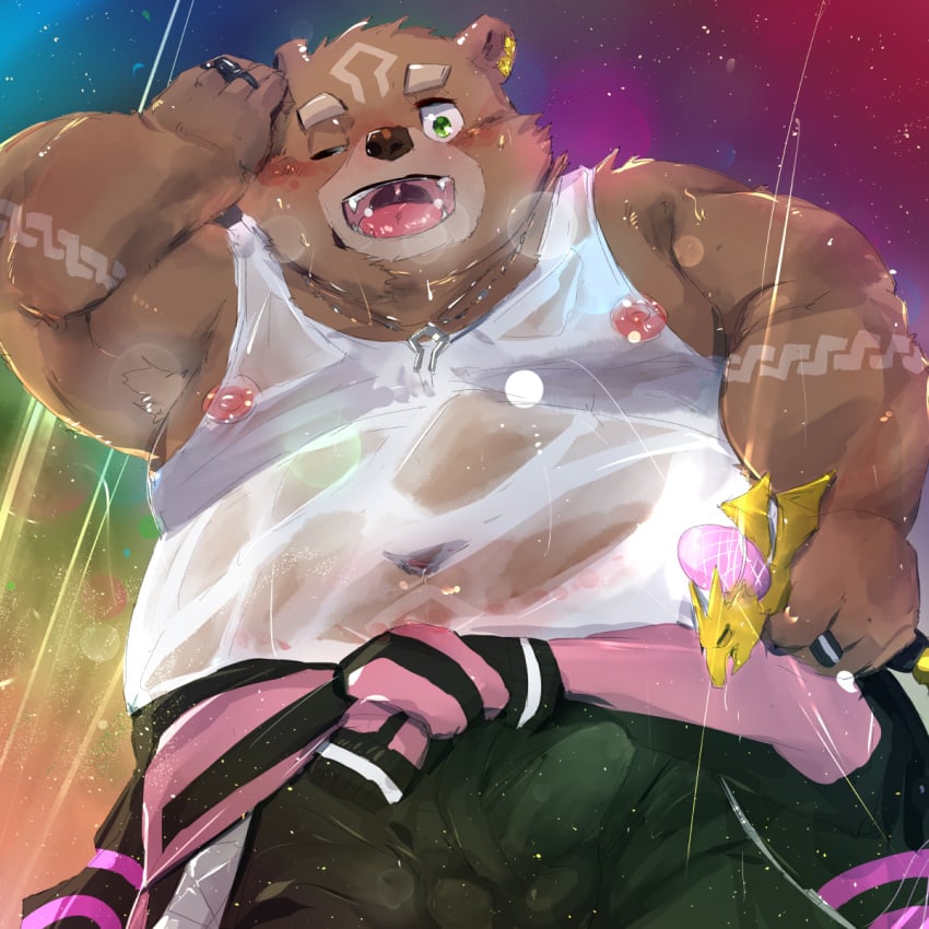 2023 anthro anthro_only balls_outline bear belly big_belly blush bodily_fluids bottomwear brown_body bulge clothing crave_saga ear_piercing ear_ring gabu_(crave_saga) genital_outline hi_res kemono male mammal one_eye_closed overweight overweight_male pants penis_outline piercing ring_piercing shirt solo sweat topwear yuuya333