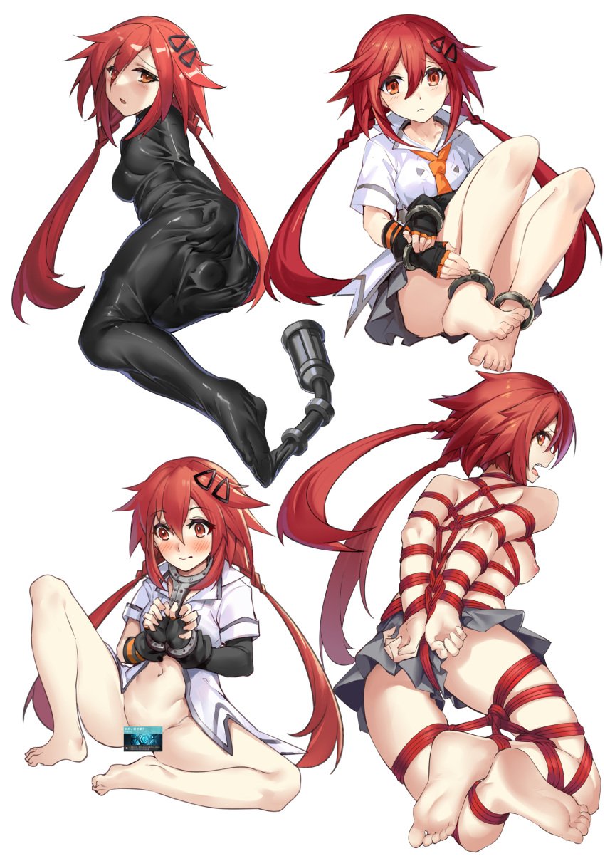 1girls 463_jun ankle_cuffs blush bodysuit bondage breasts censored different_poses female_only hairclip handcuffs light-skinned_female neptunia_(series) nipples open_mouth orange_eyes red_hair restrained rope_bondage skin_tight struggling tied_up twintails uzume_tennouboshi vibrator vibrator_in_pussy