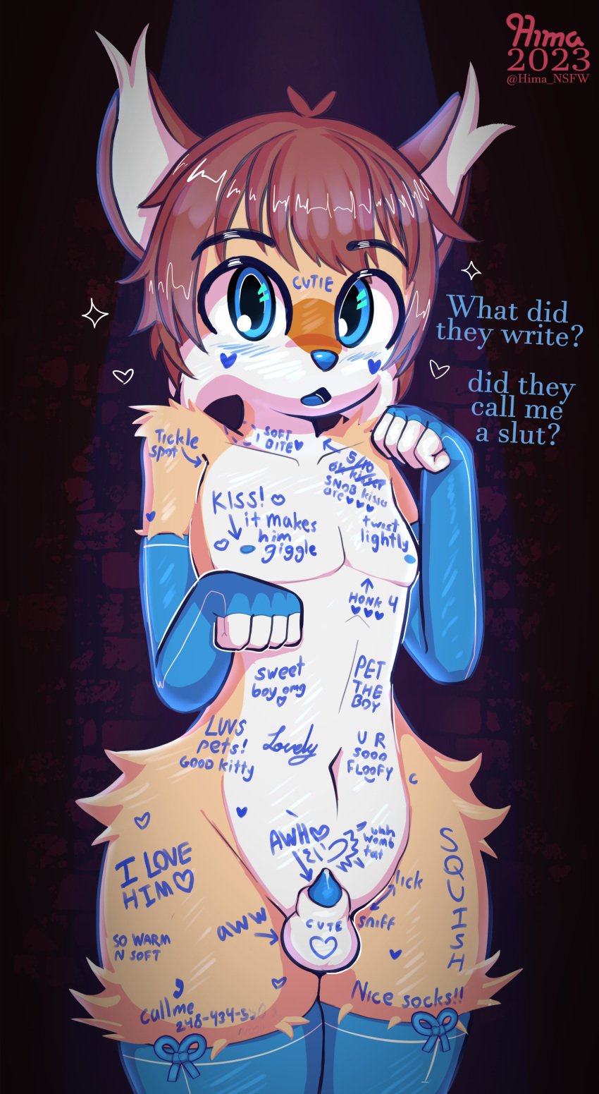 absurd_res ande_(hima_nsfw) animal_genitalia anthro anthro_only arm_warmers armwear big_eyes blue_arm_warmers blue_clothing blue_eyes blue_footwear blue_nose blue_penis blue_socks blush body_writing bow_accessory brown_hair canid canine clothing dialogue ear_tuft english_text felid feline fluffy footwear fox fur genitals hair hi_res hima_nsfw hybrid invalid_tag legwear lynx male male_only mammal marker open_mouth orange_body orange_fur paw_pose penis pose sheath skindentation socks solo tan_body tan_fur text thigh_highs tuft white_body white_fur wholesome_body_writing