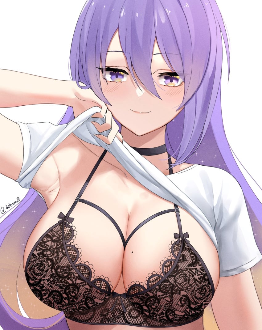 1girls blush breast_focus dobure18 hair_between_eyes hololive hololive_indonesia hololive_indonesia_area_15 indonesian lace-trimmed_bra large_breasts lifting_shirt lingerie long_hair looking_at_viewer mole mole_on_breast moona_hoshinova purple_eyes purple_hair seductive see-through_bra shirt_lift simple_background smile teenager virtual_youtuber