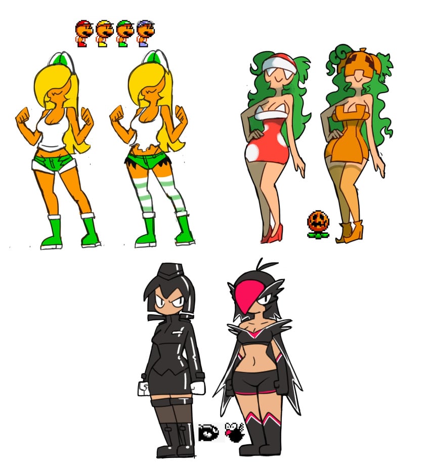 bird black_hair boots bullet_bill bullet_bill_girl dress gloves green_hair headgear high_heels jumping_pumpkin_plant koopa koopa_girl mario_(series) military minus8 pidgit pidgit_girl piranha_plant piranha_plant_girl pumpkin pumpkin_plant shorts skirt stockings super_mario_world tagme tank_top yellow_hair