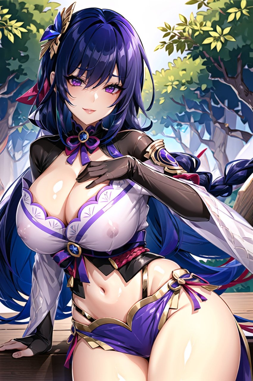 1girls ai_generated curvy_body curvy_female curvy_figure female_focus female_only genshin_impact high_resolution huge_breasts long_hair looking_at_viewer mihoyo raiden_shogun solo solo_female stable stable_diffusion underwear violet_hair