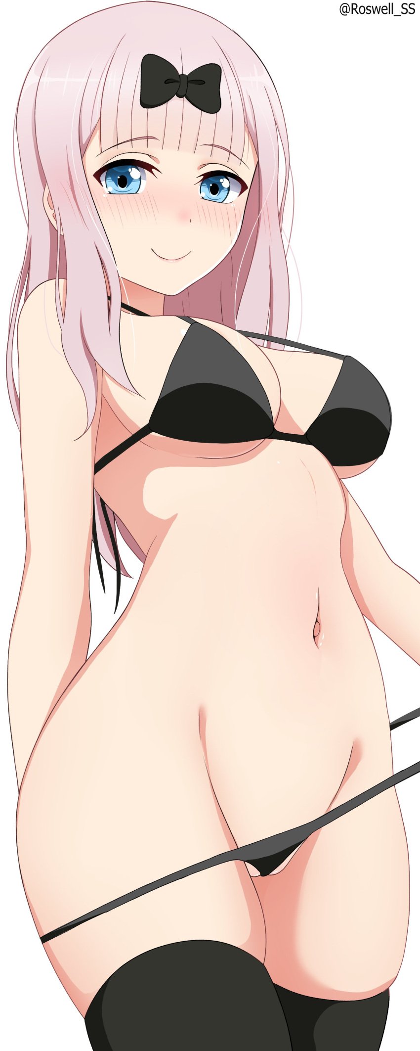 big_breasts black_socks blue_eyes breasts fujiwara_chika kaguya-sama_wa_kokurasetai_~tensai-tachi_no_renai_zunousen~ pink_hair rose_hair roswell-ss smile socks swimsuit