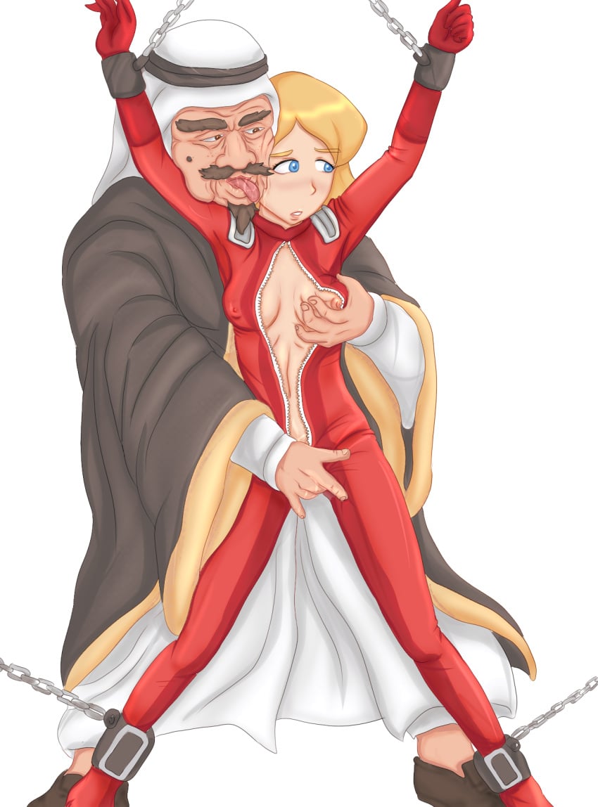 1boy 1girls 2d 5_fingers arab_male arabian arabian_clothes arabian_clothing blonde_female blonde_hair blue_eyes bodysuit bondage brown_skin caucasian caucasian_female chained clover_(totally_spies) coldplayer fingering fingering_pussy forced gloves groping groping_breasts groping_from_behind heroine heroine_in_trouble human human_only imminent_rape imminent_sex interracial licking_cheek light-skinned_female light_skin male middle_eastern_clothing middle_eastern_male molestation old_man older_male older_man_and_teenage_girl red_bodysuit red_gloves resisting restrained robe self_upload shemagh simple_background spy straight teenage_girl teenager totally_spies ugly_bastard ugly_man white_background