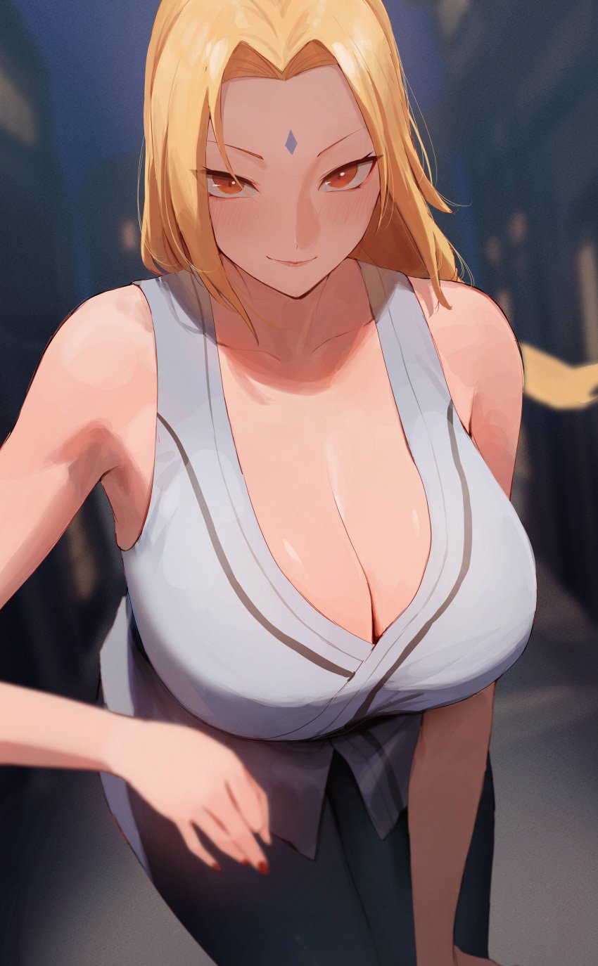 1girls absurdres big_breasts big_cleavage black_pants blonde_hair blurry blurry_background blush breasts breasts_bigger_than_head cleavage collarbone doyagao facial_mark female female_only fingernails forehead fully_clothed gilf highres huge_breasts japanese_clothes kimono large_breasts mature mature_female mature_woman milf nail_polish naruto naruto_(series) naruto_shippuden outdoors pants rororo sagging_breasts seducing seduction seductive seductive_eyes seductive_gaze seductive_look seductive_mouth seductive_pose seductive_smile shirt sleeveless sleeveless_kimono smile smug solo tsunade voluptuous voluptuous_female