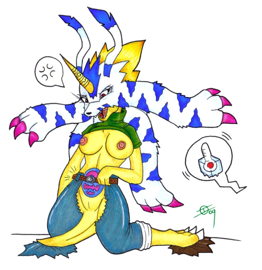 3_fingers 3_toes 4_fingers 6_arms after_transformation alternate_species annoyed anthro aroused aroused_face bandai_namco belt big_breasts black_nose blonde_hair blue_body blue_fur blush bottomwear breasts claws clothed clothing crotchless_bottomwear crotchless_clothing digimon digimon_(species) fangs feet female fingers fur gabumon genitals hair horn ice_cube ivanks kneeling looking_down mammal markings mostly_nude multi_arm multi_limb nipples open_mouth pants pink_claws pussy raised_clothing raised_shirt raised_topwear red_eyes rule_63 scientific_instrument shirt short_hair simple_background solo speech_bubble striped_body striped_fur stripes surprise surprised_expression tail tattoo teeth thermometer toe_claws toes tongue topwear torn_clothing white_background white_body white_fur yamato_ishida yellow_body yellow_fur