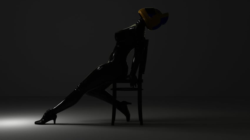 big_breasts blender_(software) boobs celty_sturluson chair durarara!! faceless_forefront heels helmet helmet_with_visor latex latex_suit pose posing psychosisrose sitting thick_thighs