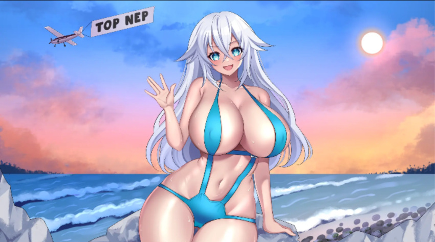 beach black_heart dimension252525 goddess low_res neptunia_(series) noire one-piece_swimsuit open_smile power_symbol power_symbol-shaped_pupils straight waving_at_viewer wholesome