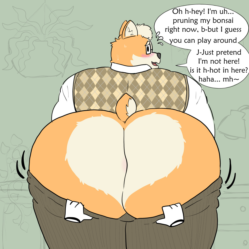 absurd_res anthro anthro_only ass assisted_exposure big_butt blush bodily_fluids butt_heart canid canine canis domestic_dog embarrassed eyewear glasses herding_dog hi_res male mammal nanozapz nerd overweight pants_pull pantsing pastoral_dog rear_view shaking_butt solo superchub sweat welsh_corgi