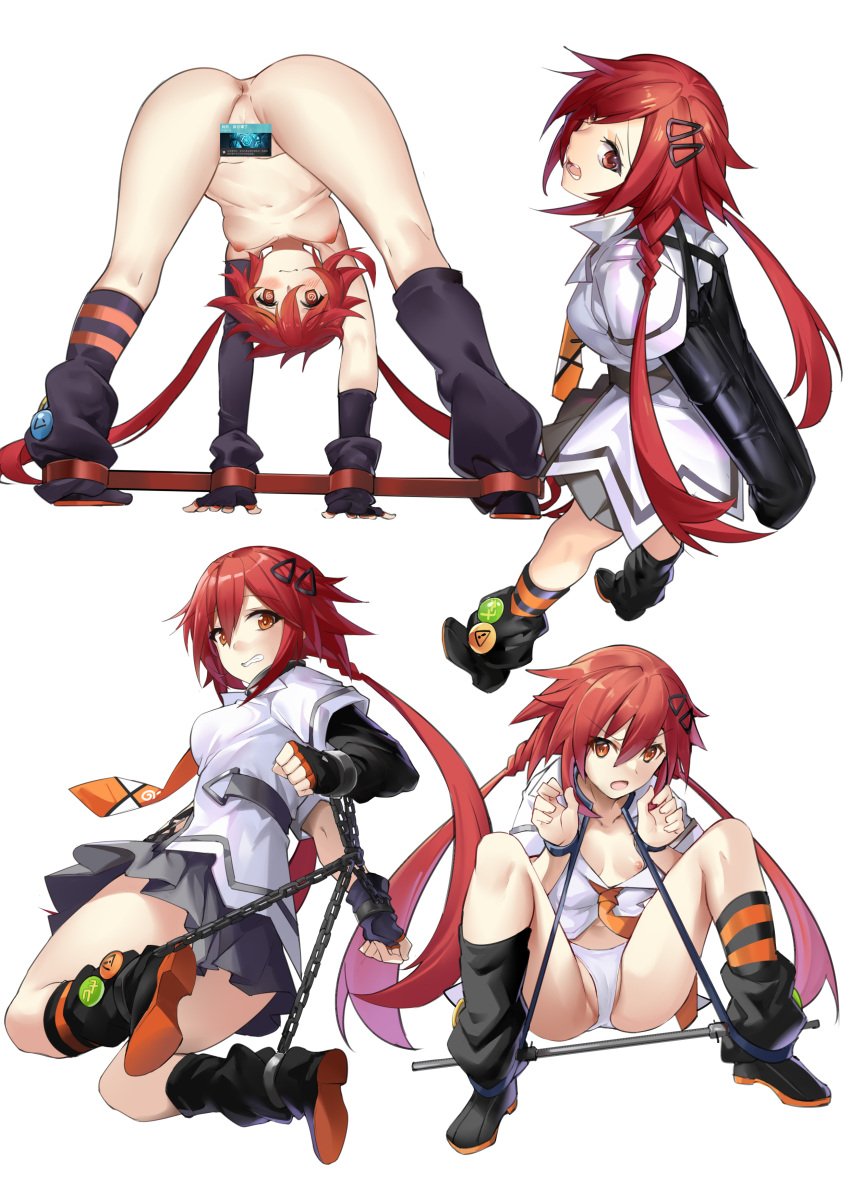 1girls 463_jun ankle_cuffs bodily_fluids bondage breasts censored chained closed_mouth collar different_poses elbow_gloves female female_only hairclip handcuffs hogcuffed light-skinned_female looking_up neptunia_(series) nipples orange_eyes panties presenting pussy_covered red_hair restrained solo swirly_eyes thighhighs twintails uzume_tennouboshi