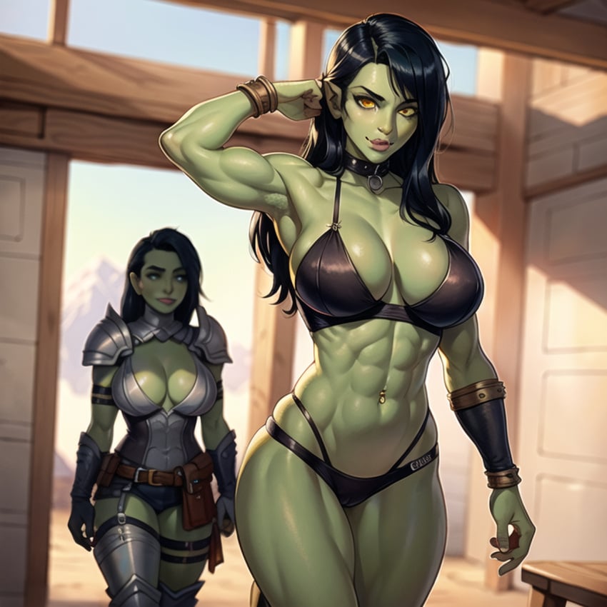 2023 2girls abs ai_generated arm_up armor armored_gloves armpits audiostick belly_button_piercing belt biceps black_hair bra bracelet breasts choker cleavage detailed detailed_background fantasy female_focus female_only flexing flexing_bicep gauntlet gauntlets large_breasts long_hair looking_at_viewer medieval muscles muscular muscular_female orc orc_female panties seductive seductive_smile shoulder_pads smile smiling smiling_at_viewer solo_focus stable_diffusion strong thigh_strap thighhighs thighs thong thong_straps triceps wide_hips yellow_eyes