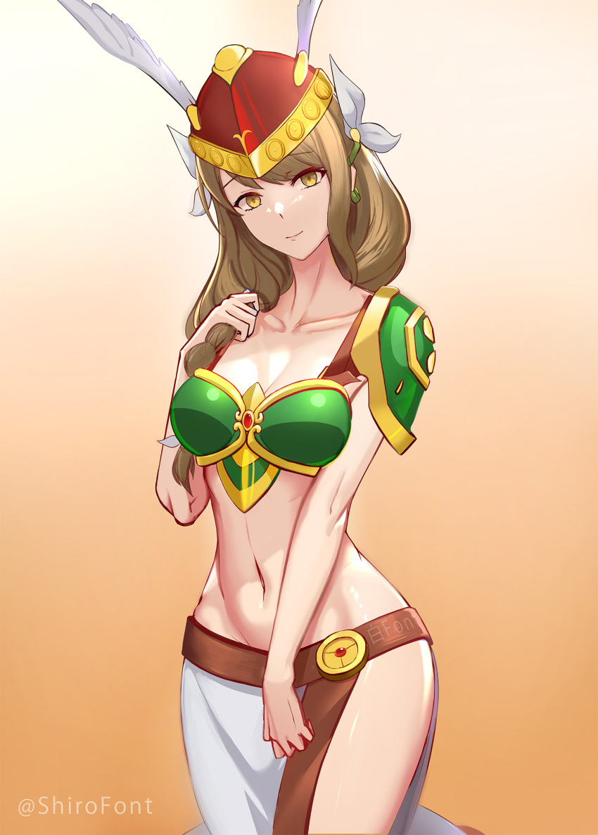 1girls alternate_costume alternate_version_available armor bare_belly bare_thighs braid braided_ponytail breasts brown_hair cleavage crop_top female female_only fire_emblem fire_emblem_engage goldmary_(fire_emblem) hair_over_shoulder helmet long_hair looking_at_viewer medium_breasts navel nintendo shiro_font side_ponytail smile solo thighs valkyrie yellow_eyes