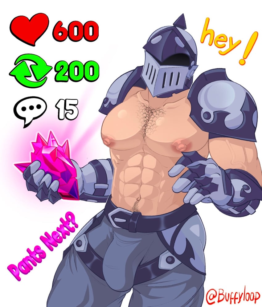 1boy abs armor bara big_breasts big_pecs bottomwear buff buffyloop bulge bulge_through_clothing chest_hair color english_text faceless_character faceless_male gay happy_trail headgear helmet hi_res highres knight male male_focus male_only muscles muscular muscular_male pecs pectorals presenting pubes pubic_hair solo solo_focus solo_male strip_game topless undress_character undressed undressing warcraft world_of_warcraft wow