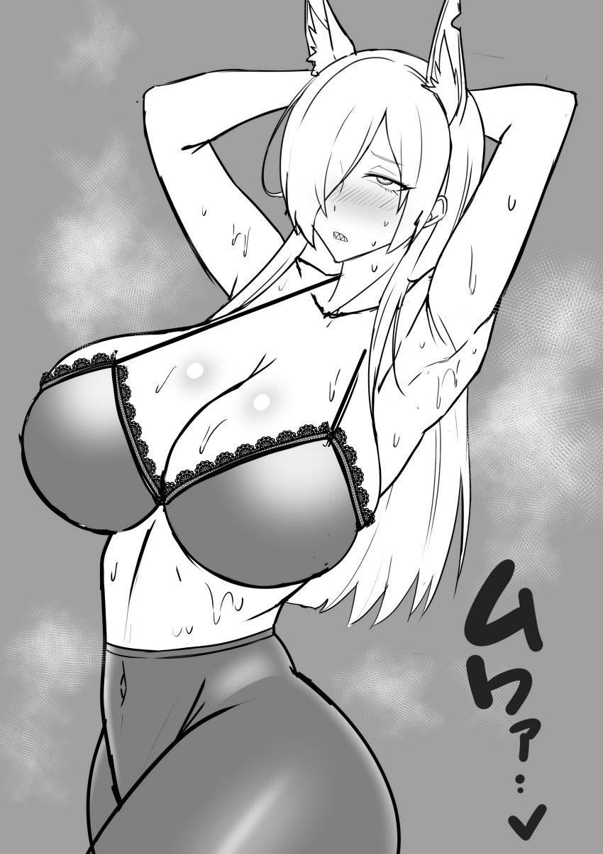 1girls aged_up animal_ears armpits black_and_white blonde_hair blue_archive blue_eyes blush bra curvaceous curvy hair_over_one_eye hands_behind_head huge_breasts kanna_(blue_archive) long_hair looking_at_viewer mature_female milf not_colored one_eye_covered one_eye_obstructed pantyhose plump plump_ass public_peace_bureau_(blue_archive) puni2brain sharp_teeth signature slight_blush steam steaming_body steamy sweat sweating sweaty thick_thighs valkyrie_police_school_student voluptuous